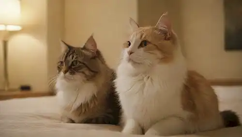 2 gatos adultos sentados cómodamente juntos, compartiendo espacio, limpiando simultáneamente, rostros relajados, suaves inclinaciones de la cabeza, piel suave, iluminación cálida, fondo tranquilo, paleta de color sutil