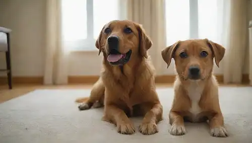 2 perros felices, diferentes razas, sentados, jugando, olfateando unos a otros, ondeando colas, rodeado de una habitación acogedora, luz natural, enfoque suave