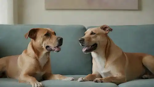 2 perros felices sentados lado a lado en un sofá