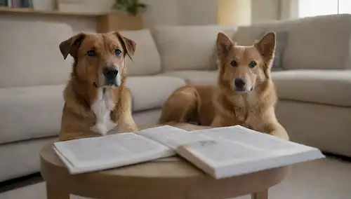 2 perros tranquilos sentados en un sofá, un fondo neutro, unos pocos libros y revistas repartidos alrededor, un vaso de agua en una mesa de café, un ambiente relajado, sin distracciones