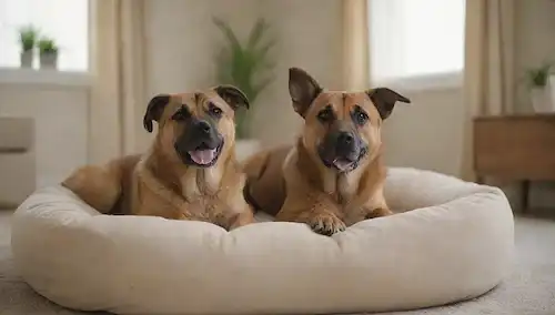 2 perros colgando juntos en camas de perro felpa, cada uno con su propia comida y tazones de agua, en una habitación acogedora con luz natural, fondo tranquilo, colores suaves, expresiones faciales adorables, lenguaje corporal relajado, sin juguetes o distracciones
