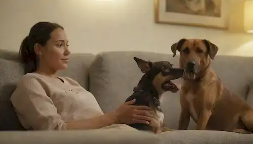 2 perros sentados en un sofá juntos, manos de un humano en el fondo guiándolos, suaves expresiones faciales, ambiente tranquilo, iluminación cálida, enfoque suave