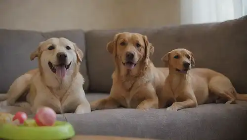 2 perros felices, varios antecedentes, sala de estar, parque, patio trasero, cocina, sofá, cama, juguetes, golosinas, amigos, familia, sonrisas, malabares, juguetez, confianza, armonía, amistad, coexistencia