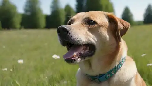 Feliz perro con una sonrisa de aliento fresco, sentado en un prado verde, rodeado de flores y árboles, con un collar espumoso, dando una agradable lamer a una mano humana, teniendo una mirada suave, en un día soleado brillante con cielo azul