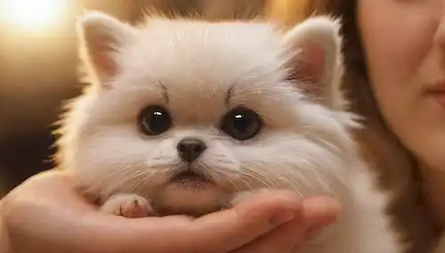 Una luz cálida brilla en un par de ojos amorosos, una cara peluda con una mirada suave, una pequeña pata envuelta alrededor de una mano, una textura suave de piel, un fondo borroso, un sentido de intimidad y ternura