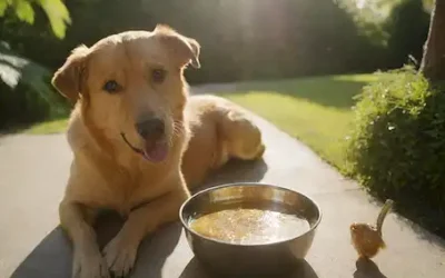 Un perro feliz disfrutando de un tazón de líquido dorado