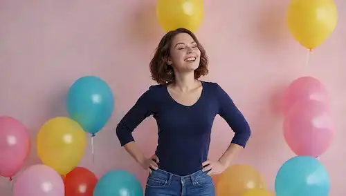 Una persona sonriente rodeada de globos