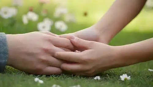 Un humano y un animal sentados juntos, manos agarrando las manos o las patas, ambiente tranquilo, expresiones suaves, fondo natural verde con flores, bordes borrosos para transmitir serenidad, colores suaves, ensueño, comprensión mutua, confianza, armonía