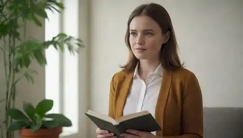 Una persona con una expresión tranquila y enfocada, rodeada de suaves rayos de luz, sentada cómodamente en un espacio bien organizado, con gestos sutiles que transmiten confianza, sosteniendo un libro o revista que provoca pensamientos, teniendo plantas cercanas para significar crecimiento, usando un atuendo cómodo pero elegante, mirando hacia fuera en algo agradable, con una sonrisa suave