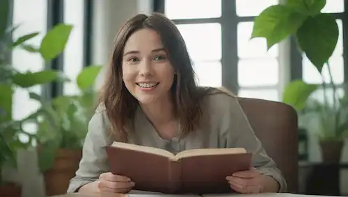 Una persona sonriente en un ambiente tranquilo, rodeada de plantas verdes, con libros abiertos o papeles, sentado en una silla, con una sonrisa y ojos mirando hacia arriba