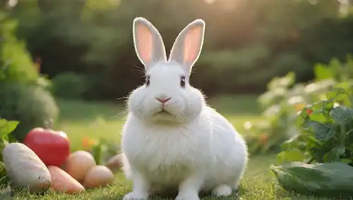 Conejo suave y suave con grandes ojos marrones, sentado en un parche de exuberante hierba verde, rodeado de verduras frescas y unos pocos juguetes, en un ambiente acogedor al aire libre con la luz del sol filtrando a través de los árboles, transportando felicidad y contentamiento