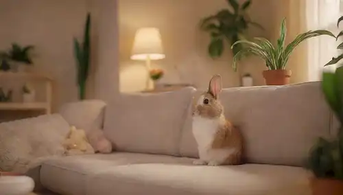 ilustración 3D de un conejo feliz en un acogedor salón, rodeado de juguetes y plantas, con una persona sentada al lado, sonriendo cálidamente, en un sofá suave, bajo una luz cálida