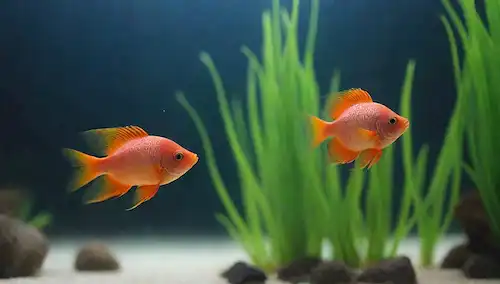 Pescado nadando en un acuario limpio y bien mantenido con un prominente filtro accionado por el aire, plantas de agua prosperando, burbujas suaves que suben a la superficie, un ambiente tranquilo y sereno, vida acuática floreciendo, paredes de cristal claras, escuelas de peces coloridos, iluminación de enfoque suave, calmando colores de fondo, ambiente sereno