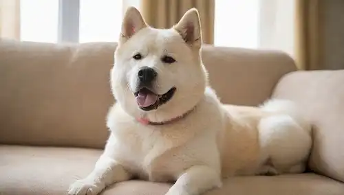 Un perro blanco feliz y ruborizado japonés Akita con una expresión suave, rodeado de juguetes y golosinas, sentado en un sofá suave, mirando directamente a la cámara, con sus oídos enrojecidos y cola ondeando ligeramente, en un ambiente cálido y acogedor, con sutil luz natural filtrando por la ventana
