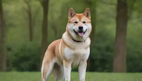 Un majestuoso japonés Akita raza de perro Inu con una gruesa capa doble, de pie en terreno pastoso, rodeado de vegetación exuberante, con una expresión serena, y una ligera inclinación a su cabeza, posiblemente mirando hacia arriba o lejos del espectador, con un sutil toque de luz solar de la mañana
