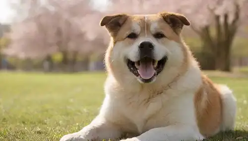 Akitas de 3-5 años sentado en una hierba verde, expresiones juguetonas, colas ondeando, propietario sonriendo en el fondo, luz solar cálida, paisaje inspirado en japonés con flores de cerezo o hojas de arce, efecto borroso sutil para transportar movimiento y energía