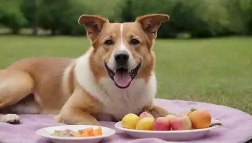 Un perro feliz con piel brillante, jugando afuera en un parque rodeado de árboles y flores, comiendo un tazón de frutas y verduras coloridas, recibiendo un regalo de su mano de propietarios, tumbado en una alfombra de felpa junto a un plato de golosinas caseras