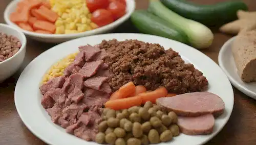 Un plato lleno de diversas texturas y colores de comida para perros, un tazón en el centro, una rebanada de carne cocida en la parte superior, un puñado de verduras frescas cerca, y unos cuantos golosos dispersos alrededor
