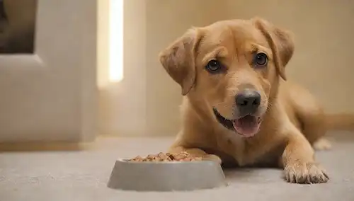 Un cachorro juguetón con un tazón en primer plano, un perro adulto feliz disfrutando de un regalo en el fondo, un perro senior con piel gris y una expresión suave; iluminación suave, cálida, texturas naturales como madera o piedra, un sutil toque de movimiento como si la escena se desarrolla