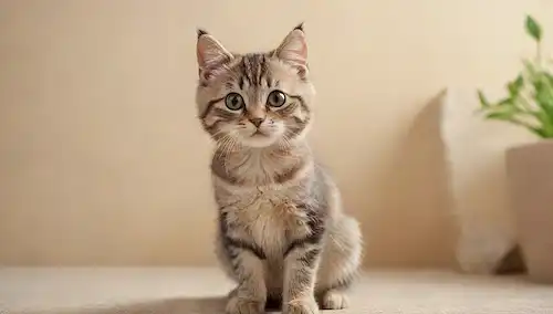 Ilustración 3D de un gato adorable con una cola corta, piel suave y ojos brillantes, colocado en un fondo neutro con textura sutil, posiblemente con elementos naturales como plantas o rocas, mostrando las características físicas de los gatos, tales como sus orejas, silbidos y patas, en una pose suave y realista