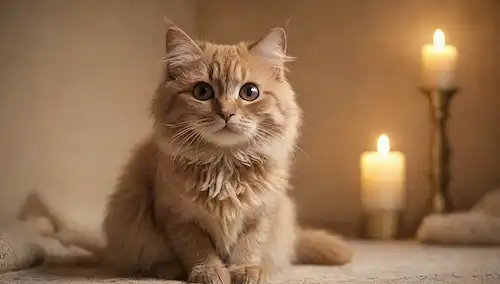 ilustración 3D de un gato juguetón, flaqueado, con ojos redondos grandes, sentado en una alfombra vintage, rodeado de suave luz de vela, sombras suaves, y efectos sutiles de textura para transmitir calidez y coziness, con la piel de gatos ligeramente tousled como si se hubiera jugado con