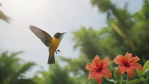 Aves en un ambiente tropical con exuberante vegetación, flores vibrantes y luz solar brillante, con algunas aves encaramadas en ramas o volando libremente en el aire, destacando sus personalidades lúdicas, con atención a su colorido plumaje y expresiones faciales expresivas