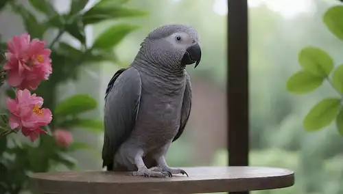 Una cálida y acogedora sala de estar con un colorido African Grey Parrot encaramado en una perca de madera, rodeada de exuberante vegetación y flores vibrantes, con suave luz natural filtrando a través de una gran ventana, mostrando un equilibrio armónico entre la naturaleza y la decoración casera