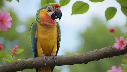 Loro colorido con plumas brillantes en una rama, rodeado de hojas verdes exuberantes y flores vibrantes, con un toque de cielo azul en el fondo, con una curva suave para sugerir un sentido de comodidad, con iluminación sutil para resaltar texturas