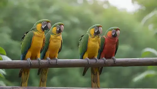 3-4 loros coloridos en medio vuelo, encaramados en barras de madera, con follaje verde vibrante, filtración natural de la luz solar a través de aberturas, enfoque suave en el entorno circundante, textura sutil de madera y plantas