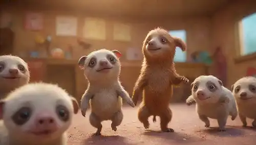 3-5 animales animados en una escena animada, colorido y juguetón, con personajes de dibujos animados de diferentes películas como perros, perezosos y un cerdo, rodeado de vibrantes orígenes, detalles caprichosos y poses dinámicas