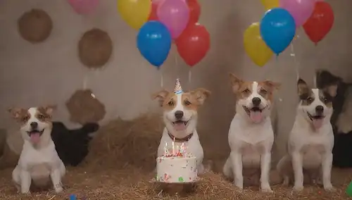un collage de niños sonrientes que sostienen cubos, globos coloridos flotando lejos, perros felices ondeando colas, vacas caricaturas munching en el heno, un pastel de cumpleaños gigante con velas iluminadas, confeti y streamers que rodean un ambiente celebratorio, animales jugando juntos