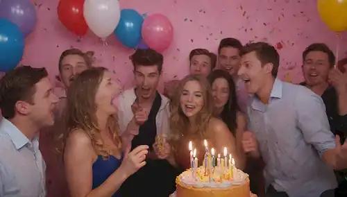 Luces de fiesta de estilo 1980, explosiones de confeti, globos en colores vibrantes, una cabina de fotos con props, un pastel gigante con velas encendidas, un grupo de amigos riéndose y bailando juntos