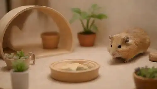 Una acogedora habitación con tonos cálidos con una rueda de hámster, juguetes de madera, túneles y escondites; una pequeña mesa con un plato de cerámica, botella de agua y contenedor de alimentos; una cama o casa de hámster lindo, elegante, iluminación natural; algunos elementos decorativos como un jarrón con flores falsas o una pequeña planta