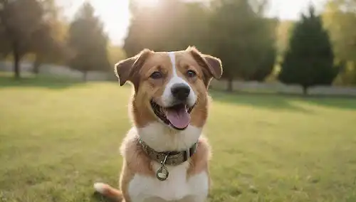 Un perro feliz con un cuello alrededor de su cuello, una correa en la mano, y un parque o patio trasero, con árboles, hierba y luz del sol, mostrando libertad y diversión