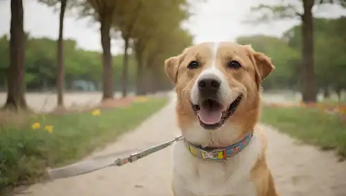 Feliz perro con un collar colorido con una etiqueta de nombre brillante, unida a una correa sostenida por un propietario sonriente con un fondo de parque o playa, con árboles, flores y cielo iluminado por el sol
