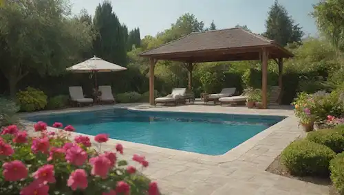Un paisaje sereno con un lujoso hotel spa en el fondo, rodeado de exuberante vegetación y flores vibrantes, con una zona agradable para mascotas con camas de perro y juguetes, una piscina tranquila que refleja la cálida luz del sol, y un encantador mirador para la relajación