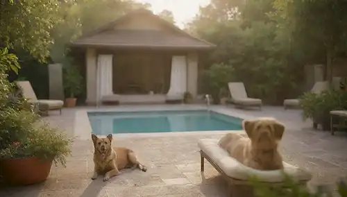 Un paisaje sereno de un spa rodeado de vegetación exuberante, un signo agradable para mascotas en la entrada, un perro de aspecto confortable acostado cerca, una pareja humana relajándose en un salón de chaise, una piscina o bañera de hidromasaje en el fondo con burbujas y aumento de vapor, una cálida luz solar que arroja sombras suaves, un ambiente tranquilo sin señales de caos o ruido