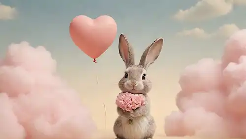 Una ilustración caprichosa con un conejo suave con cuernos, rodeado de nubes suaves y tonos pasteles suaves, que transmite una sensación de inocencia y vulnerabilidad, quizás sosteniendo un ramo de flores o un globo en forma de corazón, enmarcado en un beige cálido o fondo de crema con textura sutil que recuerda papel o tela