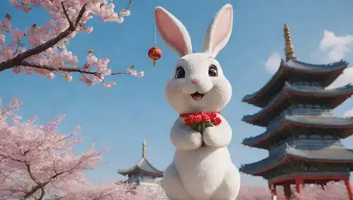 Un conejo de dibujos animados que sostiene un ramo de flores rojas, de pie en una pierna con brazos extendidos, rodeado de flores de cerezo y linternas, bajo un cielo azul brillante con nubes blancas suaves, junto a una pagoda china tradicional