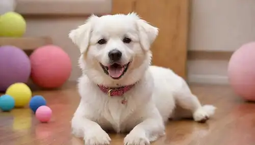 peluda perro blanco sentado en un suelo de madera