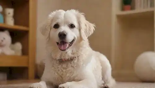 Un perro blanco con un abrigo rizado, sentado en una alfombra, rodeado de juguetes y una bola, con una cara sonriente, en un ambiente cálido y acogedor salón, con una estantería o un elemento decorativo en el fondo, con iluminación suave y colores suaves