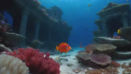 Pescado tropical vibrante nadando en medio de coral colorido, una anémona roja brillante ondeando en la corriente, una escuela de tang azul atreviéndose a través del agua abierta, un barco hundido con ruinas cubiertas de algas en el fondo, luz caliente filtrando desde arriba, frondoso follaje verde mirando hacia fuera de la superficie de los océanos