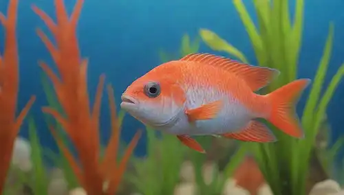Una escena colorida y subacuática con un feliz cichlid de Firemouth, rodeado de exuberantes plantas acuáticas y vibrantes decoraciones de peces, con detalles suaves en los peces brillantes naranja y azul escalas, contra un fondo cálido y soleado