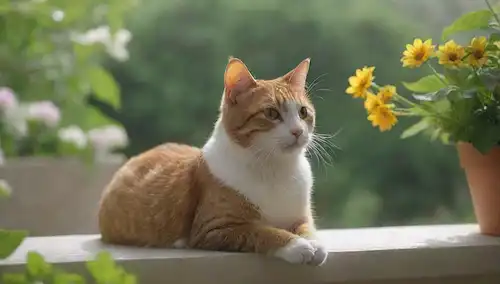 Un gato con expresión tranquila, sentado en una ventana o cornisa, mirando hacia un jardín soleado, rodeado de exuberante vegetación y flores, con un toque de niebla o niebla en el fondo, con un ambiente sereno, que transmite tranquilidad y tranquilidad