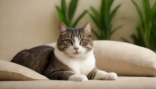 Un gato sereno saltando sobre un cojín suave, rodeado de botánicos calmantes, con un fondo sutil gradiente, transportando tranquilidad y salud, con iluminación suave para destacar sus whiskers y piel