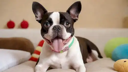 Un feliz, juguetón Boston Terrier con una linda cara, suaves, orejas rizadas, y ojos grandes; rodeado de juguetes, almohadas, u otros artículos del hogar para transmitir una sensación de hogar y comodidad, con un collar brillante, frente a un fondo de color claro para destacar las razas características únicas