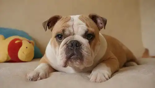 Un bulldog de aspecto suave con piel arrugada, un hocico corto y una cara plana distintiva, acostada en un cojín suave o manta, rodeado de juguetes o objetos, en una habitación beige caliente o de color crema
