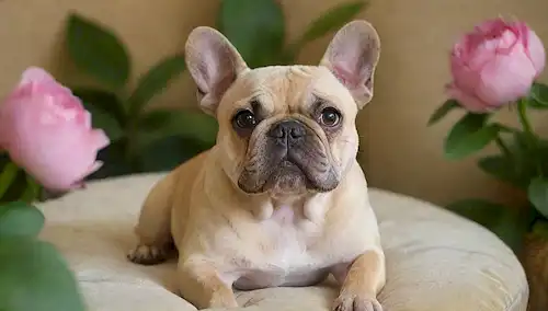 Un bulldog francés regalado con una corta construcción de stout, una cara plana y orejas tipo murciélago, posando en un cojín de felpa, rodeado de exuberante vegetación o flores, con cálida iluminación natural y enfoque suave, mostrando sus adorables arrugas y expresión suave, con sutiles toques de naturaleza juguetona