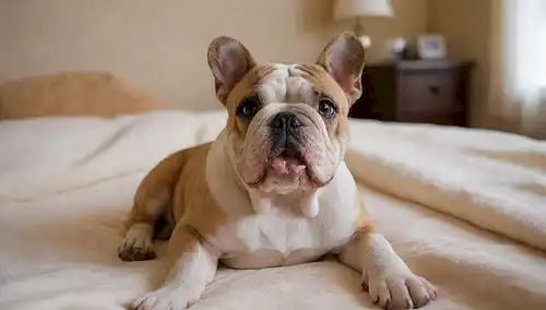 Un bulldog feliz de tamaño mediano con una cara arrugada, nariz ronda, y arrugas adorables, acostado en una cama suave de colores crema con almohadas de peluche, rodeado de unos juguetes y un pequeño animal relleno, en una habitación cálida y acogedora con una gran ventana que deja en la luz natural