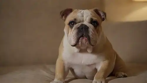 Una linda y juguetona bulldog con una cara arrugada, cuerpo aturdido y piernas cortas, sentada en un sofá o cama suave, rodeada de almohadas o cojines, con una configuración de iluminación cálida, mostrando las razas características físicas distintivas